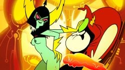 1boy 1girls accurate_art_style ass bottomless breasts breasts_out disney dominant_female domination female grabbing_own_ass green_skin helmet horns lap_dance lifted_by_self looking_back looking_down lord_dominator lord_hater mascara mascara_tears navel nipples restrained shirt_lift style_parody surprised wander_over_yonder white_hair yellow_gloves zone