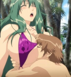 1boy 1girls age_difference arms_around_waist asaki_hiroki bakunyuu bare_shoulders between_breasts bikini blue_sky blush breast_smother breasts brown_hair bursting_breasts cleavage closed_eyes cloudy_sky daytime erect_nipples erect_nipples_under_bikini erect_nipples_under_swimsuit favorite female_focus green_hair head_between_breasts hetero hi_res high_resolution highres huge_breasts impossible_clothes impossible_swimsuit large_breasts long_hair misuzu_yukiko moaning moaning_in_pleasure outdoors palm_leaf palm_tree puffy_nipples purple_sling_bikini purple_swimsuit revealing_clothes revealing_swimsuit school_nurse screencap shion_~zankoku_na_mahou_no_tenshi~ short_hair sideboob slingshot_swimsuit straight swimsuit teacher_and_student tree underboob