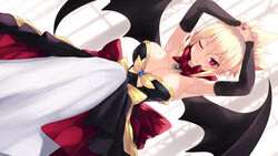 1girls armpits arms_above_head arms_up bare_shoulders bat_wings big_breasts black_dress black_wings blonde_hair breasts busty cait_aron cleavage closed_mouth commentary_request disgaea disgaea_2 dress highres jewelry large_breasts looking_at_viewer nippon_ichi_software one_eye_closed ponytail pose red_neckwear ring rozalin seductive seductive_smile short_hair sidelocks smile solo wings