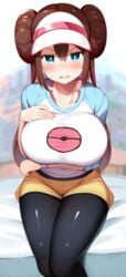 1girls 2021 alternate_breast_size arm_under_breasts big_breasts blue_eyes blush breasts brown_hair clothed clothed_female embarrassed female female_focus female_only hand_on_breast hat hi_res huge_breasts jakko leggings long_hair looking_at_viewer nintendo pokemon pokemon_bw2 rosa_(pokemon) sheer_legwear simple_background sitting tearing_up thick_thighs thighs tight_clothing tight_fit twin_buns twintails visible_breath visor visor_cap white_hat white_shirt