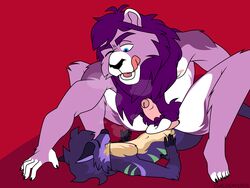 4:3 absurd_res agneel_(character) anthro canid canine canis dantem_(character) duo esacosaverde felid fur genitals hi_res lion male male/male mammal pantherine penis purple_body purple_fur size_difference tongue wolf