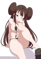 1girls bad_censor big_breasts blue_eyes breasts brown_hair censored covered_nipples covering female female_only long_hair nintendo one_eye_closed pokemon pokemon_bw2 rosa_(pokemon) solo_female tottotonero white_background