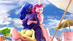 16:9 3d_(artwork) 4k absurd_res anthro anthrofied big_breasts blue_body blue_eyes blue_hair breast_grab breasts chair cosmic_hair cutie_mark digital_media_(artwork) equid equine ethereal_hair female female/female fff_threesome fluttershy_(mlp) friendship_is_magic furniture hair hand_on_breast hasbro hi_res horn lying mammal multicolored_hair my_little_pony nude on_back outside pink_body pink_hair princess_cadance_(mlp) princess_luna_(mlp) purple_eyes smile straddling straight_hair threesome trio umbrella unicorn whiteskyline widescreen yellow_body yuri