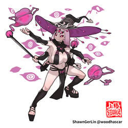 cleavage dice_clan high_heels long_hair magic multi_arm multi_eye multi_limb oc pale-skinned_female pink_hair shawnger sleeves unusual_pupils watermark witch_hat