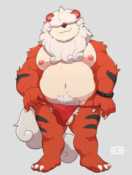 2021 anthro anthrofied asian_clothing balls belly bulge canid canine clothing cute_fangs east_asian_clothing fundoshi genitals growlithe hi_res hisuian_growlithe japanese_clothing male male_focus male_only male_solo mammal moobs navel nintendo nipples o-ro orange_body overweight overweight_male pokémon_(species) pokemon pokemon_legends:_arceus red_clothing red_fundoshi red_underwear simple_background solo solo_male underwear