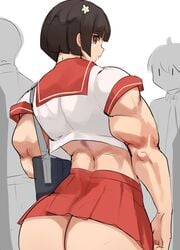 ass back black_hair brown_eyes female flower_in_hair looking_back muscles musctonk muscular muscular_female school_uniform schoolgirl skirt solo