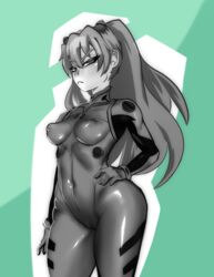 :< asuka_langley_sohryu cameltoe closed_mouth clothing collarbone covered_collarbone covered_navel covered_nipples eyebrows_visible_through_hair female gloves greyscale hair_between_eyes half-closed_eyes hand_on_hip highres long_hair medium_breasts mon_eree monochrome neon_genesis_evangelion plugsuit shiny shiny_clothes solo turtleneck twintails