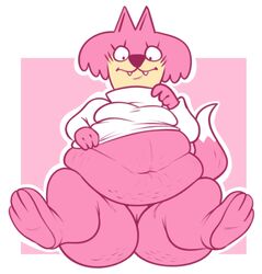 anthro ass belly bottomless breasts cellulite choo-choo_(top_cat) clothed clothing domestic_cat felid feline felis female fur genitals hanna-barbera hi_res jellystone_(hbo_max) mammal navel obese obese_anthro obese_female overweight overweight_anthro overweight_female paws pink_body pink_fur pussy simple_background smokii solo stretch_marks teeth top_cat_(series)