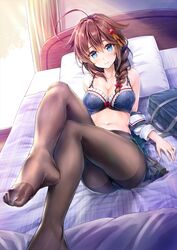 3: ahoge ass bag bangs bed black_legwear blue_bra blue_eyes blue_underwear blush bra braid breasts brown_hair clavicle cleavage closed_mouth clothing crossed_legs crotch_seam curtains evening eyebrows_visible_through_hair feet feet_towards_viewer female hair_flaps hair_ornament head_tilt indoors jewelry kantai_collection kotatsu_(kotatsu358) large_breasts legs legwear light_particles long_hair looking_at_viewer lying navel off_shoulder on_back on_bed panties panties_under_pantyhose pantyhose pillow remodel_(kantai_collection) ring shigure_(kantai_collection) sidelocks single_braid smile solo stomach tagme thighband_pantyhose thighs tied_hair toes underwear wedding_band white_panties white_underwear window