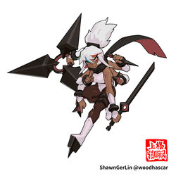 dark-skinned_female dice_clan multi_arm multi_limb ninja oc red_eyes rika_dimensional_ninja scarf shawnger shuriken unusual_pupils watermark weapon white_hair