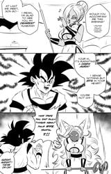 1boy 1girls angry cleavage clothing coercion comic demon demon_girl demon_goddess_towa dialogue dragon_ball dragon_ball_heroes dragon_ball_super dragon_ball_z earrings english_text funsexydragonball goku monochrome no_pupils saiyan son_goku speech_bubble super_dragon_ball_heroes text towa transformation underboob