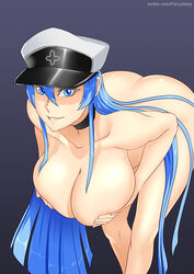 1girls akame_ga_kill! ass blue_eyes blue_hair covering_breasts esdeath_(akame_ga_kill!) hanging_breasts hat hat_only large_breasts leaning_forward long_hair naked nude nude_female oo_sebastian_oo pervyseby voluptuous