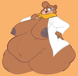 anthro areola ass belly big_belly big_breasts big_butt bodily_fluids breasts brown_body brown_fur cindy_bear clothing coat female fur hanna-barbera hi_res ismokii jellystone_(hbo_max) lab_coat mammal navel nipples obese obese_anthro obese_female overweight overweight_anthro overweight_female scarf simple_background solo sweat sweatdrop topwear ursid yogi_bear