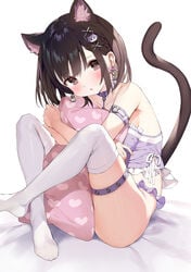 animal_ear_fluff animal_ears bangs bare_shoulders black_hair blush brown_eyes cat_girl cat_tail clothing ear_piercing earrings extra_ears eyebrows_visible_through_hair female gaou gaou_(umaiyo_puyoman) hair_ornament heart high_resolution jewelry legwear looking_at_viewer matsui_hiroaki matui-hiroaki mismatched_legwear nekomimi no_shoes open_mouth original pantsu parted_lips piercing pillow pillow_hug solo tagme tail thighhighs underwear white_legwear