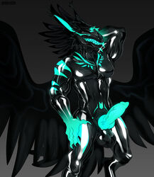 anthro balls erection feathered_wings feathers genitals glowing glowing_eyes glowing_genitalia glowing_hands glowing_penis glowing_teeth hand_behind_head hand_on_leg hand_on_thigh hellomyboi1028 hi_res knot looking_at_viewer male male_focus male_only male_solo monster muscular muscular_anthro muscular_male penis rubber solo solo_male standing tail_feathers teeth wings