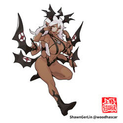 atrene big_breasts cleavage dark-skinned_female dice_clan glasses multi_arm multi_limb notebook oc shawnger unusual_pupils watermark white_hair wings