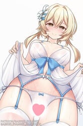 1girls big_breasts blonde_hair bra breasts censored_pussy gabriel_evangel gabrielevangel genshin_impact lingerie lumine_(genshin_impact) nipple_bulge nipples panties thick_thighs thighhighs thighs yellow_eyes