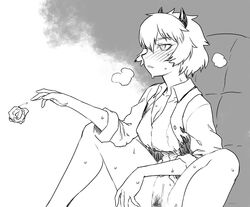 blush bottomless breasts cleavage female female_pubic_hair greyscale helltaker horns malina_(helltaker) monochrome pubic_hair pussy_juice short_hair sitting solo spread_legs sweat tomboy tsukudani_(coke-buta) used_tissue