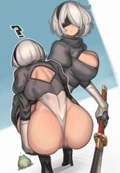 1girls ? ass ass_focus big_ass big_breasts big_butt blindfold breasts female gloves grey_hair hairband high_resolution kelvin_hiu large_breasts leotard nier nier:_automata nier_(series) partially_visible_vulva pussy short_hair sword thick_ass yorha_2b