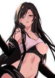 1girls black_hair blush breast_slip breasts chromatic_aberration earrings female final_fantasy final_fantasy_vii final_fantasy_vii_remake high_resolution jewelry long_hair looking_at_viewer medium_breasts midriff nipples one_breast_out_of_clothes open_mouth realmbw shiny shiny_skin simple_background skirt solo solo_female suspender_skirt suspenders tagme tank_top tifa_lockhart very_high_resolution white_background