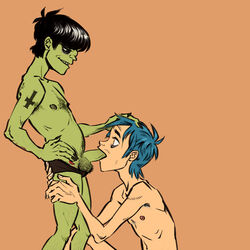 1:1 2boys 2d_(gorillaz) 2doc absurd_res arm_tattoo bags_under_eyes black_hair blowjob blue_hair cmnm cock_gobble cock_hungry cum_hungry duo erect_nipples fellatio giving_head going_down_on gorillaz green_skin hairy_balls hand_on_head hand_on_hip knob_polishing long_fingernails looking_at_partner mouth_full_of_cock mouthful murdoc_niccals oral oral_sex orange_background painted_fingernails painted_nails penis_in_mouth pleasure_face shorts_down shoulder_tattoo skinny skinny_male sucking sucking_off tattoo tattoos topless upside_down_cross white_eyes yaoi