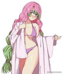 big_breasts bikini blush braided_hair demon_slayer female female_only green_eyes hourglass_figure kanroji_mitsuri kimetsu_no_yaiba long_hair looking_at_viewer pink_hair purple_bikini shadertoons solo swimsuit two_tone_hair undressing