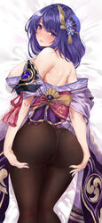 absurdres areola_slip areolae ass ass_support bangs bare_shoulders bed_sheet black_legwear blunt_bangs blush breasts commentary_request eyebrows_visible_through_hair eyelashes female genshin_impact hair_ornament highres icons_(1452697582) japanese_clothes kimono kneepits large_areolae large_breasts looking_at_viewer looking_back mole mole_under_eye nail_polish no_bra obi panties pantyhose parted_lips purple_eyes purple_kimono purple_nails raiden_shogun sash shiny shiny_hair solo tareme tassel thighs underwear white_panties