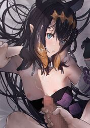 1girls absurdres animal_ears bare_shoulders bed_sheet betabeet black_dress black_gloves black_hair blue_eyes blush censored cum cum_on_body cum_on_face cum_on_hair detached_sleeves dress dress_slip ejaculation facial female flat_chest fur_collar gloves gradient_hair highres holding_another's_arm hololive hololive_english hololive_myth looking_at_viewer male_masturbation masturbation mole mole_under_eye mosaic_censoring multicolored_hair ninomae_ina'nis nipples open_mouth orange_hair penis pointy_ears sheet_grab single_detached_sleeve strapless strapless_dress tentacle_hair upper_body virtual_youtuber