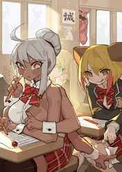 blonde_hair body_writing cheating classroom classroom_desk dice dice_clan glowing_eyes grey_hair horns mischievous mischievous_look moustache multi_arm multi_limb multiple_girls note oc school_uniform shawnger sideboob test unusual_pupils