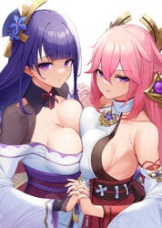 2girls bangs bare_shoulders beauty_mark blunt_bangs breast_press breasts cleavage couple docking duo genshin_impact gohei_(aoi_yuugure) hair_between_eyes hair_ornament half-closed_eyes holding_hands japanese_clothes kimono large_breasts long_hair long_sleeves looking_at_viewer miko mole mole_under_eye multiple_girls mutual_yuri nail_polish off_shoulder pink_hair purple_eyes purple_hair raiden_shogun sideboob symmetrical_docking upper_body wide_sleeves yae_miko yuri