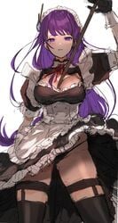 absurdres alternate_costume apron arm_up bangs between_breasts black_dress black_gloves black_legwear black_panties blush breasts dress enmaided female frilled_dress frills genshin_impact gloves hair_ornament highres large_breasts long_hair maid maid_headdress mole mole_under_eye panties pantyshot parted_lips purple_eyes purple_hair raiden_shogun red_neckwear short_sleeves simple_background sketch solo thighhighs thong underwear unfinished weapon white_apron white_background yavalley