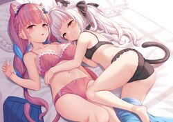 2girls animal_ears aqua_ch. bangs bed blue_hair blue_nails bra breasts cat_tail clothes_removed clothing female female_only grey_hair high_resolution hololive hololive_gen_2 hololive_japan indoors large_breasts large_filesize light-skinned light-skinned_female lingerie looking_at_viewer lying minato_aqua multicolored_hair multiple_girls murasaki_shion nekomimi on_bed paid_reward pantsu pink_eyes pink_hair shimokirin skirt small_breasts tail two-tone_hair underwear very_high_resolution virtual_youtuber yuri