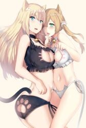 2girls animal_ears animal_lingerie animal_print ass ass_cutout bell bell_choker bismarck_(kantai_collection) black_bra black_legwear black_panties black_underwear blonde_hair blue_eyes blush bra breasts cat_cutout cat_keyhole_bra cat_lingerie cat_tail choker cleavage cleavage_cutout clothing clothing_cutout female female_only green_eyes hews_hack high_resolution jingle_bell kantai_collection kemonomimi_mode keyhole_bra large_breasts large_filesize lingerie long_hair looking_at_viewer matching_outfit meme_attire multiple_girls navel nekomimi open_mouth paid_reward pantsu patreon_reward paw_pose paw_print print_cutout prinz_eugen_(kantai_collection) saliva saliva_trail side-tie_panties tagme tail tied_hair tongue tongue_out twintails underwear underwear_only very_high_resolution white_bra white_panties white_underwear yuri