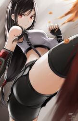 ass black_skirt blurry_foreground breasts earrings elbow_pads female final_fantasy final_fantasy_vii final_fantasy_vii_remake fingerless_gloves gloves gradient gradient_background grey_background jewelry kicking knees_up large_breasts long_hair low-tied_long_hair midriff motion_blur red_eyes shirt shorts shorts_under_skirt skirt solo spats suspender_skirt suspenders tagme tank_top taut_clothes taut_shirt tea_(nakenashi) tea_(nakenashi_wisdom) thighs tied_hair tifa_lockhart two-tone_background