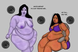 2girls bbw belly big_belly breadwithketchup breasts dc dc_comics fat food nipples obese overweight rachel_roth raven_(dc) starfire teen_titans weight_gain