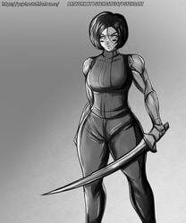 1girls 2021 alita battle_angel_alita black_hair cyborg female female_only fully_clothed greyscale monochrome muscular psychostuff short_hair solo sword