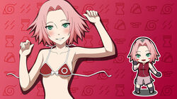 1girls atelier_gons bikini chibi female female_only green_eyes iwagakure_symbol kirigakure_symbol konohagakure_symbol kumogakure_symbol naruto naruto_(series) pink_hair red_background sakura_haruno solo solo_focus sunagakure_symbol