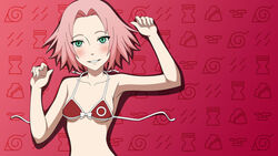 1girls atelier_gons bikini female female_only green_eyes iwagakure_symbol kirigakure_symbol konohagakure_symbol kumogakure_symbol naruto naruto_(series) pink_hair red_background sakura_haruno solo solo_focus sunagakure_symbol