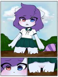 animation_meme_community blue_eyes blush different_eye_color eyebrows_visible_through_hair eyelashes_visible_through_hair fangs fox fox_ears fox_girl fur green_skirt highres light_blue_fur muzy muzy_frile no_panties purple_hair pussy quicksand red_eyes shocked sinking skirt striped_tail uniform unknown_artist upscaled