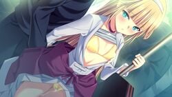 1boy azumami_kureha bangs blonde_hair blue_eyes blunt_bangs blush bra breast_grab breasts chikan choker clothes_lift cum cum_on_body cum_on_clothes eyebrows_visible_through_hair female game_cg grabbing grabbing_from_behind grey_shirt hairband highres kyokugen_chikan_tokuiten_(series) kyokugen_chikan_tokuiten_2 long_hair m&m_(mickey_and_mackey) molestation official_art panties parted_lips purple_choker shiny shiny_hair shirt shirt_lift small_breasts solo_focus straight train_interior underbust underwear very_long_hair white_hairband yellow_bra yellow_panties