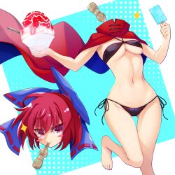 1girls 2022 barefoot bikini black_bikini blush blush_stickers bow breasts capelet dullahan hairbow looking_at_viewer muchin_jousha navel popsicle red_eyes red_hair sekibanki shaved_ice short_hair side-tie_bikini small_breasts sparkles standing swimsuit tagme thighs touhou