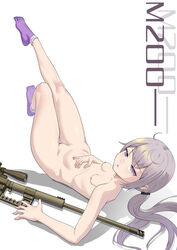 breasts girls'_frontline grey_hair gun laying_down laying_on_back legs_up looking_at_viewer m200_(girls_frontline) nipples pale_skin purple_eyes pussy sniper sniper_rifle socks text uncensored