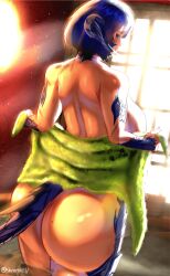 ass ass_focus au_ra bath behind_view big big_ass big_butt blue_eyes blue_hair breasts detective detective_nanama female final_fantasy final_fantasy_xiv horns milf nanama_kha nanamaxiv onsen scales scars short_hair solo solo_female solo_focus square_enix steam tail towel water window window_light xaela