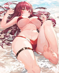 1girls absurdres bare_arms bare_shoulders barefoot bikini breasts caustics feet female female_focus female_only hair_spread_out hand_up heterochromia highres hololive hololive_fantasy hololive_japan houshou_marine large_breasts leg_up long_hair looking_at_viewer lying munseonghwa navel on_back red_bikini red_bikini_bottom red_bikini_top red_eyes red_hair smile solo solo_female solo_focus stomach string_bikini swimsuit thigh_strap thighs virtual_youtuber water wet yellow_eyes