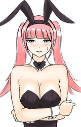 1girls alternate_costume arms_under_breasts bangs blush breasts bunny_ears bunny_girl bunnysuit cleavage crossed_arms embarrassed female female_only fire_emblem fire_emblem:_three_houses hilda_valentine_goneril light-skinned_female light_skin long_hair looking_at_viewer maplesugar7324 medium_hair nervous_smile nintendo pink_eyes pink_hair smile solo solo_female sweatdrop twintails white_background