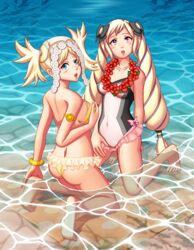 2girls alternate_costume ass back_view barefoot beach bikini blonde_hair breasts butt_crack covered_navel elise_(fire_emblem) elise_(summer)_(fire_emblem) female female_only fire_emblem fire_emblem_awakening fire_emblem_fates fire_emblem_heroes flower_necklace frilled_bikini imo_karubi lei lissa_(fire_emblem) long_hair looking_at_viewer looking_back nintendo ocean one-piece_swimsuit swimsuit twintails wading water wet wet_body white_swimsuit yellow_bikini yellow_swimsuit