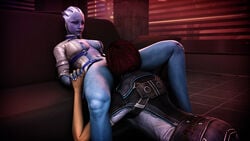 2girls 3d 5_fingers alien alien_girl asari asarimaniac between_legs blue_eyes blue_iris blue_nipples blue_skin bottomless breasts closed_mouth clothed clothed_female commander_shepard cunnilingus detailed_background duo eyelashes female female_only femshep fingers_interlocked functionally_nude functionally_nude_female hair hair_over_one_eye holding_hands human indoors interlocked_fingers interspecies lesbian lesbian_sex liara_t'soni light-skinned_female light_skin looking_at_another looking_at_partner mass_effect mouth_closed nipples nose open_clothes open_jacket oral reclining red_hair rolled_up_sleeves seated sitting sleeves_rolled_up white_jacket white_sclera xenophilia yuri