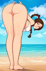 1girls 2d alternate_version_available ass avatar_legends avatar_the_last_airbender back_view barefoot beach bent_over blue_sky braided_ponytail brown_eyes brown_hair calves female female_only fire_nation futanari_version_available innie_pussy legs light-skinned_female light_skin long_legs loodncrood looking_back medium_breasts nickelodeon no_panties nonbender ocean offscreen_character pale-skinned_female pale_skin presenting_hindquarters pussy smile solo swimsuit ty_lee upskirt water watermark