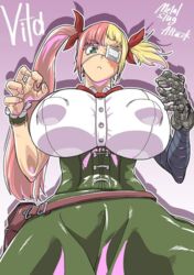 1girls 2019 big_breasts big_nipples blonde_hair cyborg cyborg_girl dress eye_patch female female_focus female_only green_dress green_eyes huge_breasts huge_nipples long_hair looking_at_viewer looking_down metal_slug metal_slug_attack military military_uniform nipples_visible_through_clothing pink_background pink_hair seductive short_hair snk twintails unknown_artist viewed_from_below vita_(metal_slug)