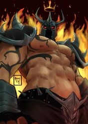 1boy abs aguzcm armor bara big_abs big_nipples from_below helmet league_of_legends looking_at_viewer male_focus male_only mordekaiser pentakill_mordekaiser pentakill_series